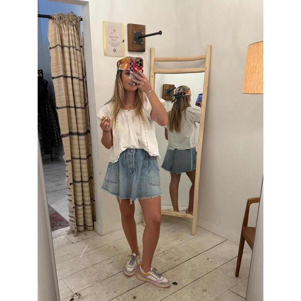 Pilcro Anthropologie Denim Raw Hem Bubble Mini Skirt Sz S